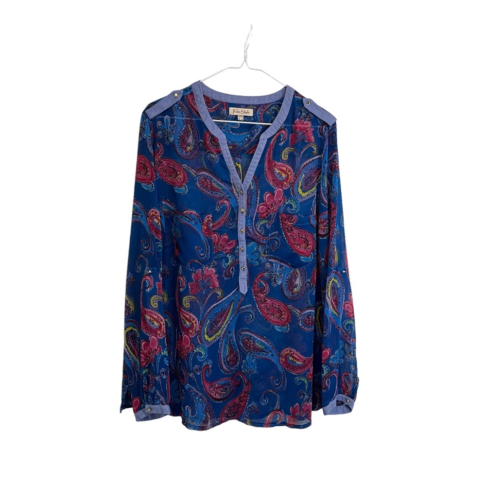 Tiuta Style Blue Paisley Sheer Button Up Roll Tab Sleeve Top Womens Size L/XL
